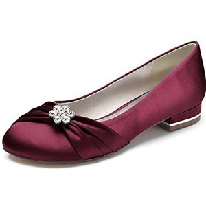 Vrouwen Ivoor Bruids Flats Slip on Satijnen Ballet Pumps Gesloten Teen Bruiloft Prom Schoenen,Burgundy,36 EU