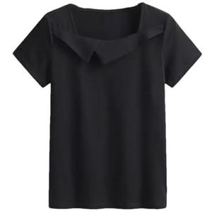 Vrouwen Zomer Korte Mouw Vierkante Kraag T-shirt Tops Vrouwelijke Casual Basic Effen Katoenen Shirts, Zwart, XS