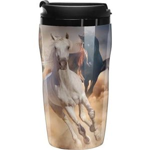 Paarden in de woestijn zandstorm koffiekopjes met deksels dubbelwandige plastic reizen koffiemok verwijderbare dranken beker 250ml