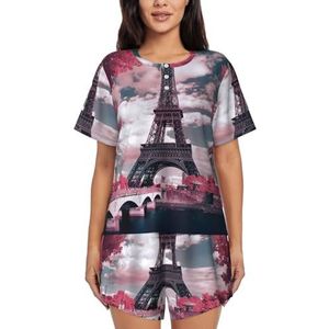 Roze Landschap Eiffeltoren Print Dames Zomer Zachte Tweedelige Bijpassende Outfits Korte Mouw Pyjama Lounge Pyjama Sets, Zwart, XL