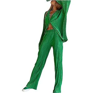 Sawmew Dames Tweedelige Geplooide Set Elegante Broekpak Lange Mouwen Revers Blouse + Wijde Pijpen Broek Zomer Herfst Outfit Casual Loungewear Streetwear (Color : Dark green, Size : L)