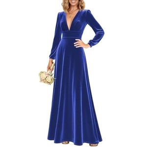 Fluwelen bruidsmeisjesjurk met mouwen, diepe V-hals, formele avondjurk, koningsblauw, 32