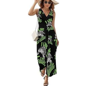 I Like Turtles casual maxi-jurk voor dames V-hals zomerjurk mouwloze strandjurk 2XL