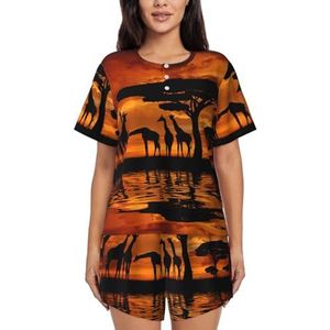 RIVETECH Giraffe Under The Tree In Africa print dames pyjama met korte mouwen - comfortabele korte sets, nachtkleding met zakken, Zwart, L