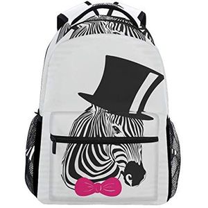 Aangepaste Fashion Causal Elegante Zebra met Zwarte Hoed en Roze Bow Tie Prints Rugzakken Meisjes Jongens School Tassen Schoudertas Reizen Daypack