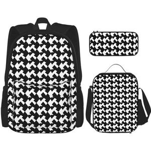 OUSIKA Pied-de-poule zwarte 3 stuks print rugzak sets casual dagrugzak met lunchbox etui voor vrouwen mannen, Zwart, Eén maat