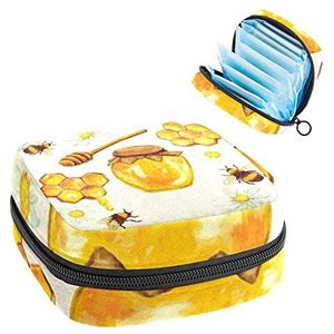 Periode Pouch, Draagbare Tampon Opbergtas voor Maandverband, Honey Jar met Honingraat, Meerkleurig, 4.7x6.6x6.6 in/12x17x17 cm