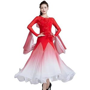 FZHQNZJF Wals Dansjurken voor Dames Professioneel Balzaal Concurrentie Rok Mesh Splice Flamenco Tango Danskleding Elegant Salsa Foxtrot Prestatie Kostuums,Rood,3XL