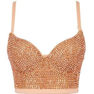 Woboren Dames korset bustier crop top bruiloft party strass diamant push-up beha slank vest, #1 Beige, M
