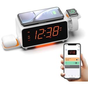 Wekkerradio met dubbele draadloze oplaadfunctie met Bluetooth-luidspreker, digitale FM-radio, 2 USB-poorten, snooze, automatische en handmatige dimmerregeling en 1,4-inch oranje display iTOMA CKS209