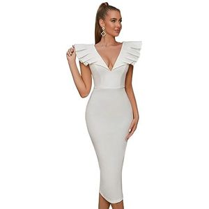 jurken voor dames Jurk met diepe hals en ruches - Elegante witte bodycon midi-jurk (Color : Wei�, Size : X-Small)