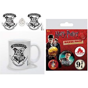 Harry Potter, Hogwarts Crest, Black And White Foto koffie mok (9x8 cm) + 1 Harry Potter Button Badge Pin Set (15x10 cm)