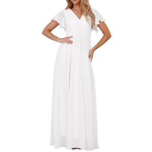 Bruidsmeisjesjurken met korte mouwen voor bruiloft, geplooide chiffon, formele avondfeest, maxi-jurk, V-hals, AH153, Wit, 32
