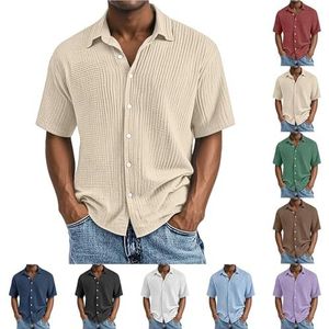 Heren katoenen linnen overhemd korte mouw revers button down effen kleur getextureerde top casual losse shirts zomer vakantie strand outfits, 01 Beige, L