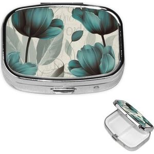 Vierkante pillendoos draagbare metalen pillenetui 2 compartimenten kleine reizen pillenorganisator elegante groenblauwe tulp bloem vitamines houder organizer voor portemonnee zak