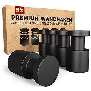 GARDELI® Handdoekhaken, set van 5, roestvrij staal, zwart gepoedercoat, kledinghaken met onzichtbare montage, massief en tijdloos design, zwart