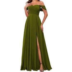 HPPEE Off-shoulder chiffon bruidsmeisjesjurken met split voor vrouwen mouwloze strapless avond formele jurk, Olijfgroen, 32