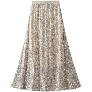 Rokken Dames,Midi-Rok Met Lovertjes Voor Dames Cocktailparty Lange Rok Elastische Hoge Taille Heupomwikkelde Rok Mesh Vissenstaartrok A-Lijn Swing Ruches Lange Rokken Voor Meisjes Dames,Beige,M