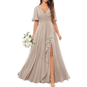 Chiffon bruidsmeisjesjurken voor dames, met spleetplooien, formele avondjurken, grote maten, Taupe, 32