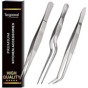 Rivoean keuken-kookpincet, culinair, 3-delige set, roestvrijstalen pincet, precisietang, offsetpunt voor koken, voedselontwerp, styling (16,3 cm)