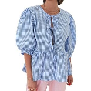 Vrouwen Tie Front Tops Puff Sleeve Babydoll Shirts Y2K Leuke Ruffle Peplum Uitgaan Top Blouse Trendy Kleding (Color : Blue grid B, Size : X-Large)