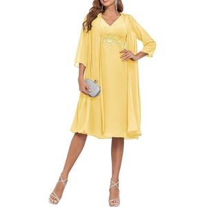 2 Stuks Moeder van de Bruid Jurk voor Bruiloft 3/4 Mouwen Chiffon Avond Prom Jassen met Jas, Geel, 32