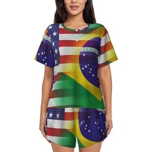 RIVETECH Pyjama met Amerikaanse en Braziliaanse vlaggenprint voor dames met korte mouwen - comfortabele korte sets, nachtkleding met zakken, Zwart, S