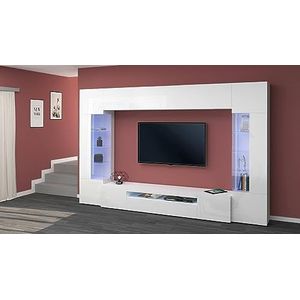 Dmora - Woonkamermeubel Clementino, woonkamerset tv-meubel met 6 deuren, multifunctioneel woonkamermeubel met LED-verlichting, 100% Made in Italy, cm 290x40h191, glanzend wit