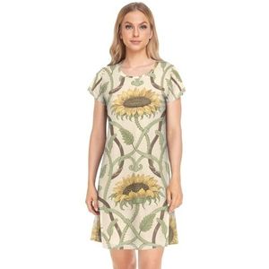 Nexawaveo Zonnebloemen Blauw Beige Groen Vrouwen Nachtkleding Nachtkleding Korte Mouw Nachtshirt Slaap Shirt S-2XL, Zonnebloemen Blauw Beige Groen, S