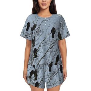 Zwarte kraai vogels print dames zomer zachte tweedelige bijpassende outfits korte mouw pyjama lounge pyjama sets, Zwart, M