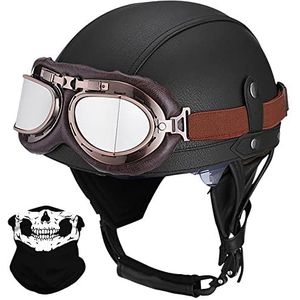 Lederen Halve Helmen Duitse Stijl Retro Motorfiets Helm ECE Goedgekeurd Mannen Vrouwen Vintage Open Helmen met Bril Half Shell Cap Bromfiets Helm voor Chopper Cruiser Scooter Fiets