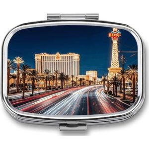 Las Vegas Night Pill Box Travel Pill Organizer 2 Compartiment Wekelijkse Pillenetui met Spiegel Een Dag Medicijncontainer Geneeskunde Organizer voor portemonnee, zak of portemonnee