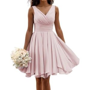 Korte bruidsmeisjes jurken voor vrouwen mouwloze geplooide chiffon V-hals A-lijn formele jurken avondjurken, Blush Roze, 54