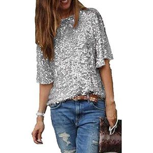 CHOSERL Zomerse topjes voor vrouwen met lovertjes en glitters, feestshirt met korte mouwen, fonkelende blouses, T-shirts, Zilver, XL