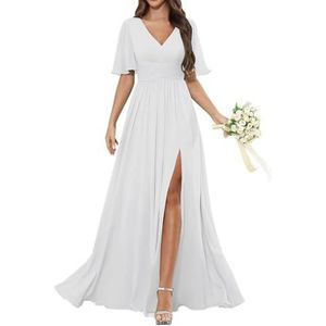 HPPEE Damesjurk met korte mouwen en V-hals, chiffon, bruidsmeisjesjurk met split en plooien, lange formele avondjurk, Wit, 32