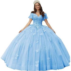 Fuomomo Quinceanera MT052 Jurk met vlinderapplicaties van kant, 3D, glanzend, baljurk, schoudervrij, voor snoep, 15 en 16, verjaardagsjurk van tule, Blauw, 46/grote maten