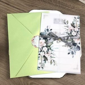 Vellum jassen 25 stuks groen blozen roze bloemen duidelijk vellum jas kaarten bruiloft uitnodigingen met enveloppen zoet 15 uitnodigingen (kleur: groen, maat: zak met diamant)