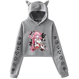 Genshin Impact Hoodie Yae Miko Cosplay Gedrukt Lange Mouw Pullover Crop Tops Harajuku Anime Kat Oor Hooed Sweatshirt voor Vrouwen Meisjes, # 3, XS