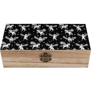 Monochroom paard met gevleugelde houten kist met deksel opbergdozen organiseren juwelendoos decoratieve dozen voor vrouwen mannen