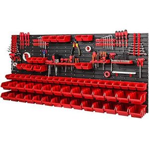 Opslagsysteem werkplaatsrek 1728 x 780 mm - wandrek met gereedschapshouder en 64 rode stapelboxen - wandplaten schuttenrek