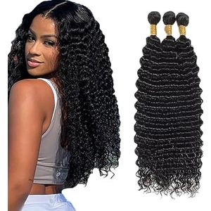 Salharer Deep Wave Human Hair Bundles 3 Extension 50g/Per Machine Double Wefts Unprocessed Remy Weave Natural Black Color for Woman 16 18 20 Inch