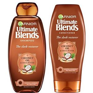 Garnier Ultimate Blends Shampoo en verzorgende spoeling set, stijlvolle opbouw met kokosolie en cacaoboter voor elegant, glad en kroesvrij haar, 360 ml