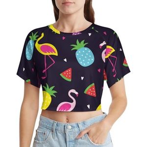 Kleurrijke Flamingo En Watermeloen Korte Mouwen Tee Vrouwen Grafische Print Crop Shirt T-Shirt Lek Navel