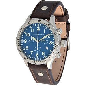 Messchmitt heren kwarts chronograaf 5030LB blauw Ronda Swiss Movement 5ATM met bruine leren armband
