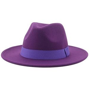 FuMeiAo Fedora hoed dames winterhoeden voor vrouwen lint band heren hoed brede rand klassiek beige bruiloft kerk bowler trilby hoeden (kleur: paars, maat: 59-61 cm (XL))