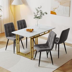 Aunvla 120 x 70 cm, gouden eettafel met 4 stoelen, moderne keuken, eettafel, donkergrijze linnen eetkamerstoel, gouden ijzeren beentafel