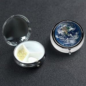 Blauwe marmeren aarde pillendoos 3 compartimenten ronde draagbare pillendoos voor zak of portemonnee kleine wekelijkse geneeskunde planner reizen pillendoos met spiegel decoratieve metalen