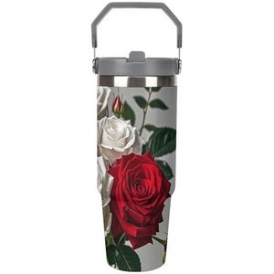 FZQVSGW 30 oz grote capaciteit autobeker met rietje zwart wit en rode rozen roestvrij staal reismok - dubbelwandige vacuüm geïsoleerde beker, lekvrij, voor reizen, buiten en thuisgebruik