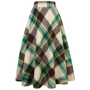 Ylingjun Lange geruite wollen rok voor dames, winter, herfst, warm, hoge elastische taille, A-lijn, uitlopend, geplooide wol, tartse ruitrokken, Groene koffie, S
