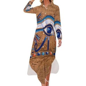Egyptische papyrus toont het oog van Horus Maxi-jurk voor dames, lange mouwen, overhemd met knopen, casual feest, lange jurken, M